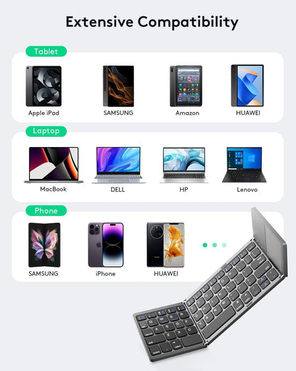 Mini teclado Bluetooth plegable con panel táctil. Compatible con Windows, Android, iOS y iPad.