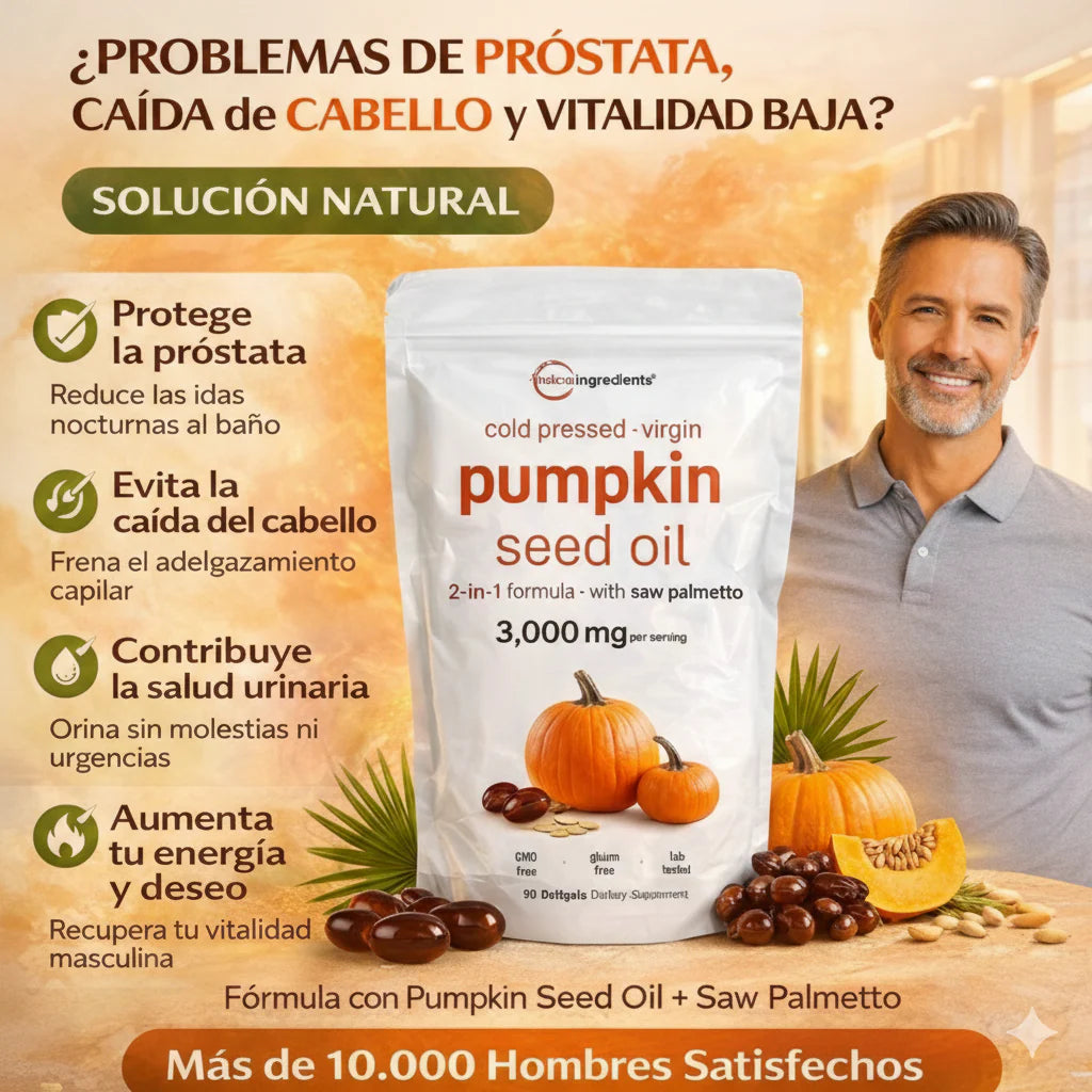 Pumpkin Seed Oil Microingredients® 3000 mg™ + Saw Palmetto Apoya tu Salud Prostática y fortalece tu cabello desde hoy.