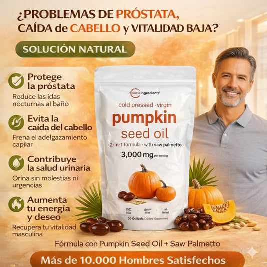 Pumpkin Seed Oil Microingredients® 3000 mg™ + Saw Palmetto Apoya tu Salud Prostática y fortalece tu cabello desde hoy.