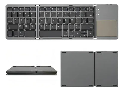 Mini teclado Bluetooth plegable con panel táctil. Compatible con Windows, Android, iOS y iPad.
