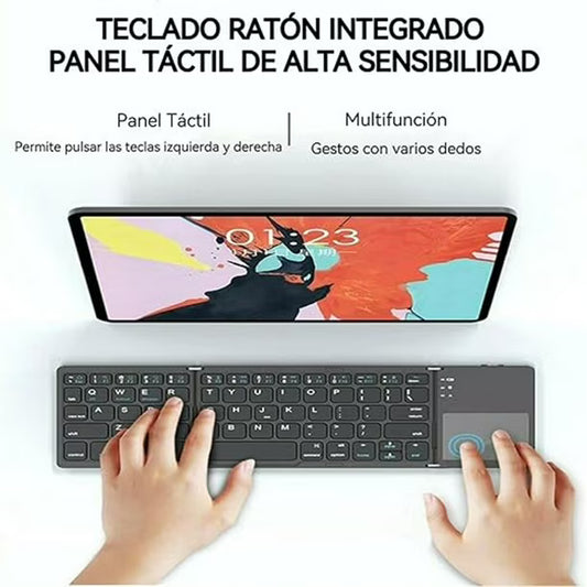Mini teclado Bluetooth plegable con panel táctil. Compatible con Windows, Android, iOS y iPad.
