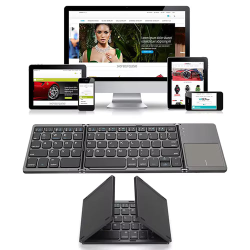 Mini teclado Bluetooth plegable con panel táctil. Compatible con Windows, Android, iOS y iPad.